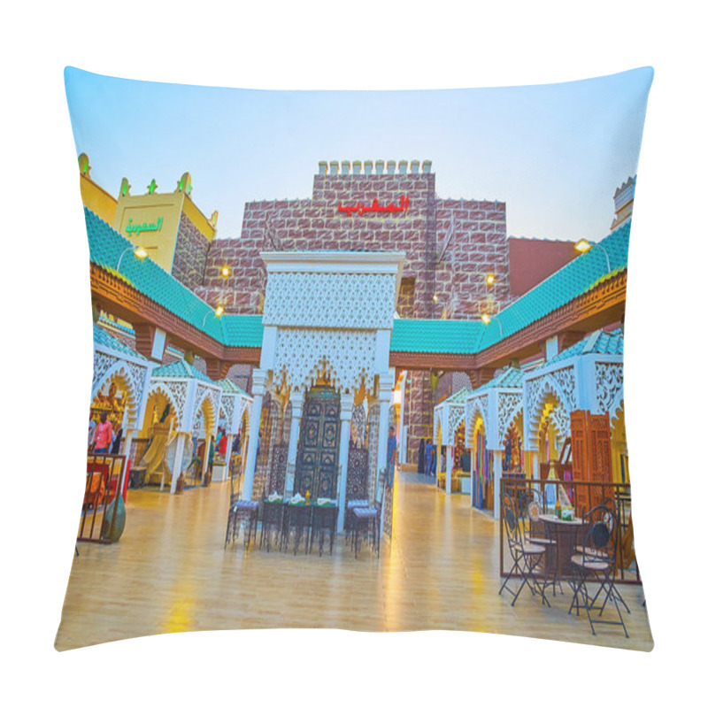 Personality  DUBAI, UAE - MARCH 5, 2020: The Intricate Decorations Of Mudejar Style Court Of Morocco Pavilion Of Global Village Dubai, On March 5 In Dubai Pillow Covers