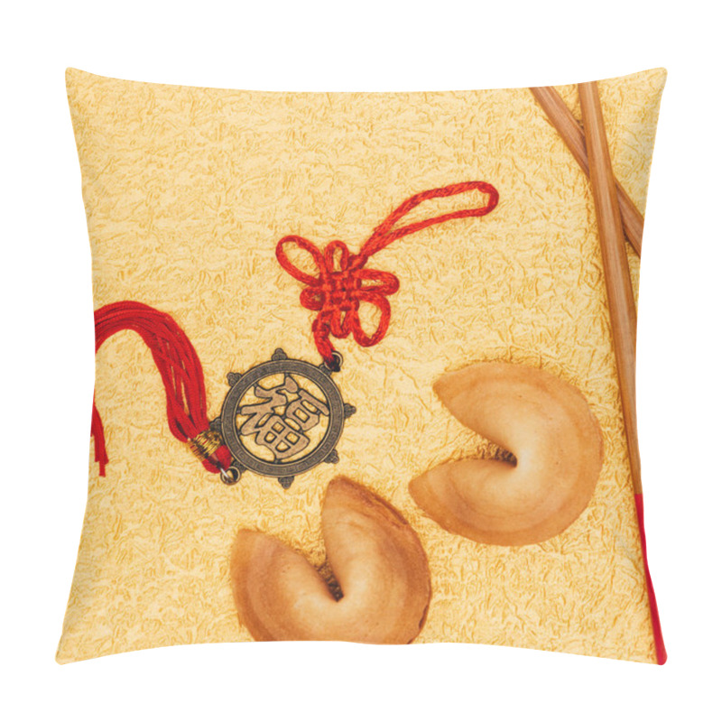 Personality  Top View Of Chinese Talisman And Fortune Cookies On Golden Surface, Chinese New Year Concept Pillow Covers