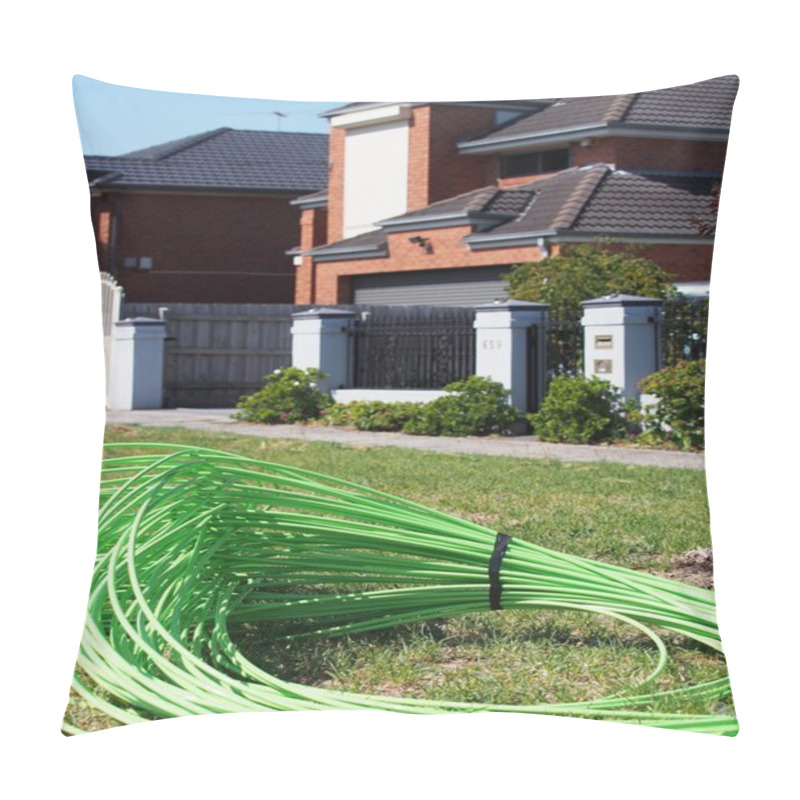 Personality  Green Fiber Optic Cable Piled In Front Of Residential Housing Pillow Covers