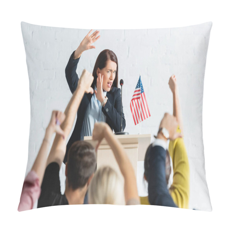 Personality  Shocked Speaker Standing In Front Of Voters Showing Thumbs Down In Conference Hall Pillow Covers