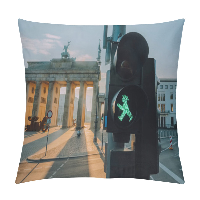 Personality  Ampelmann Berlin Green Traffic Light Close-up With Brandenburg Gate At Background Pillow Covers