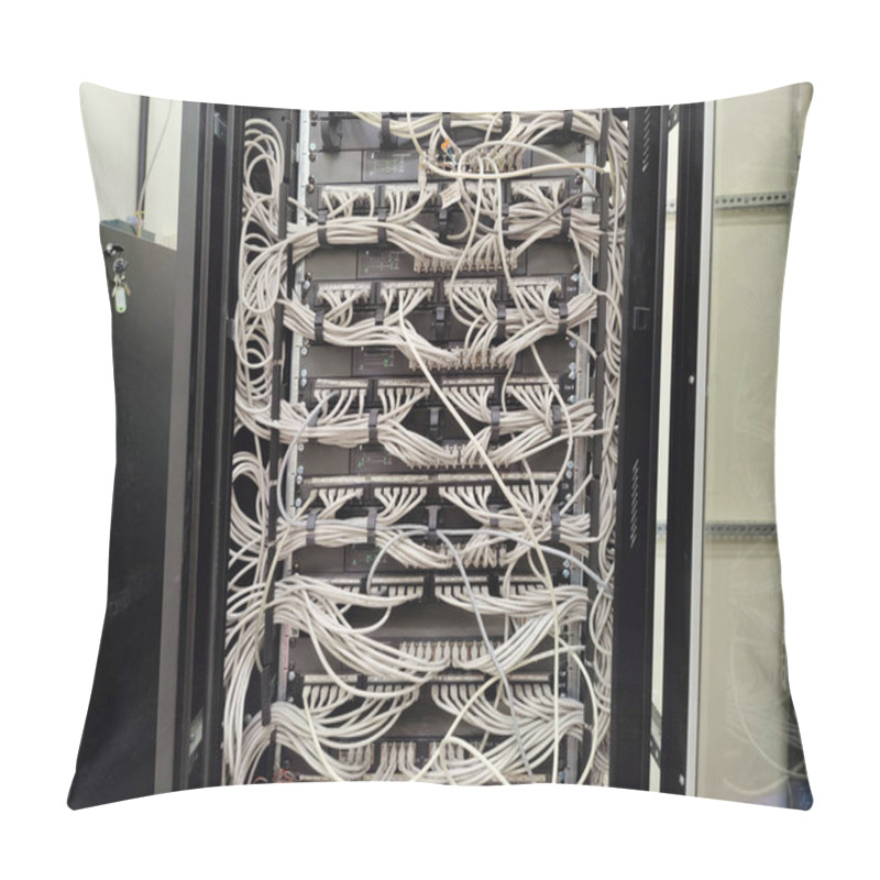 Personality  Complex Network Server With Dense Cable Management And Surveillance Screen, Reflecting Connectivity And Security Infrastructure Pillow Covers