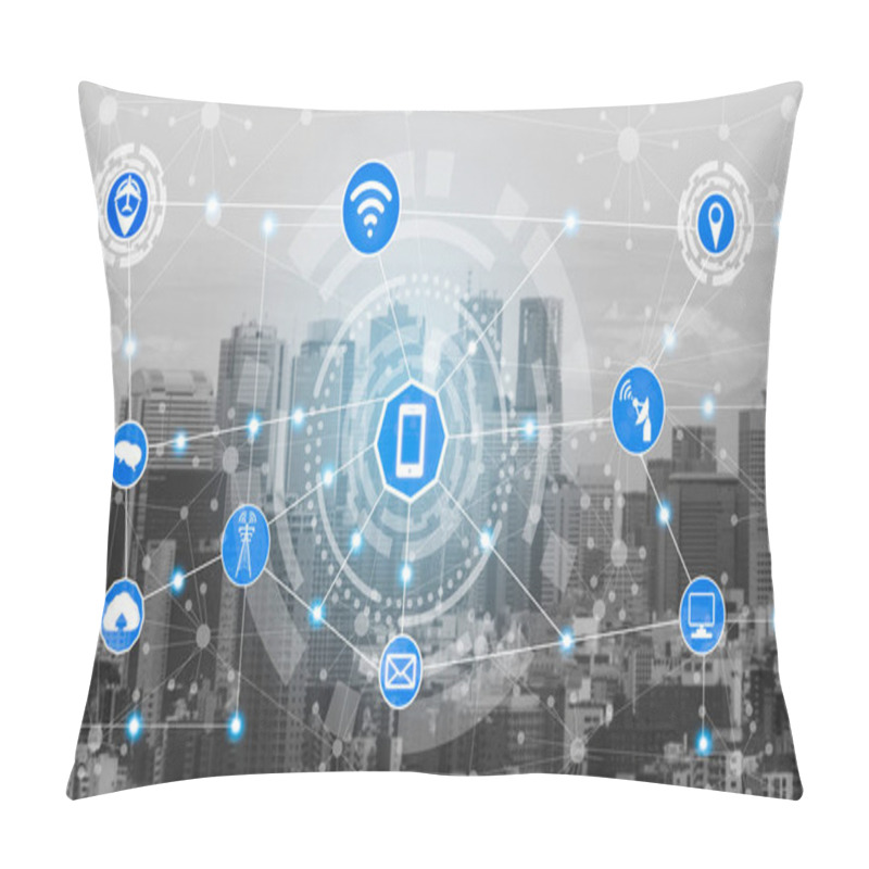 Personality  Smart City Wireless Communication Network With Graphic Showing Concept Of Internet Of Things ( IOT ) And Information Communication Technology ( ICT ) Against Modern City Buildings In The Background. Pillow Covers