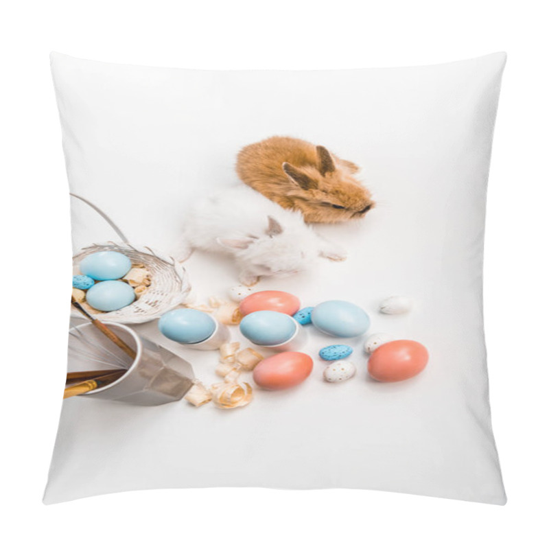 Personality  Top View Of Adorable Furry Rabbits And Painted Easter Eggs On White Pillow Covers