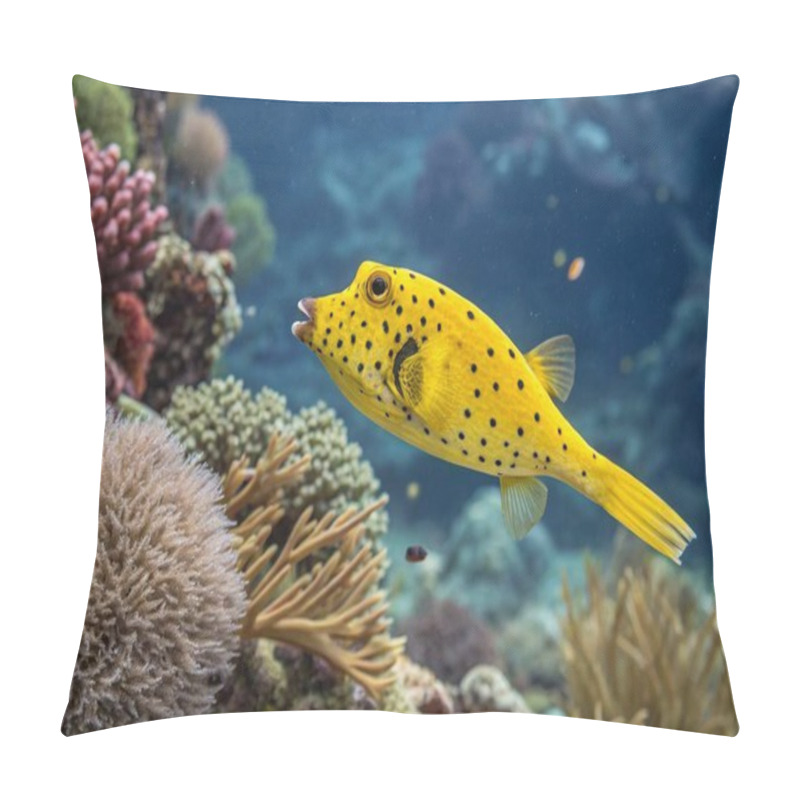 Personality  The Yellow Boxfish, With Its Bright Yellow Body Adorned With Black Spots, Is Showcased Swimming Gracefully In A Lively Coral Reef. Its Distinct Cubic Shape And Vivid Coloration Make It An Eye-catching Species In The Underwater World. The Reef, Bursti Pillow Covers