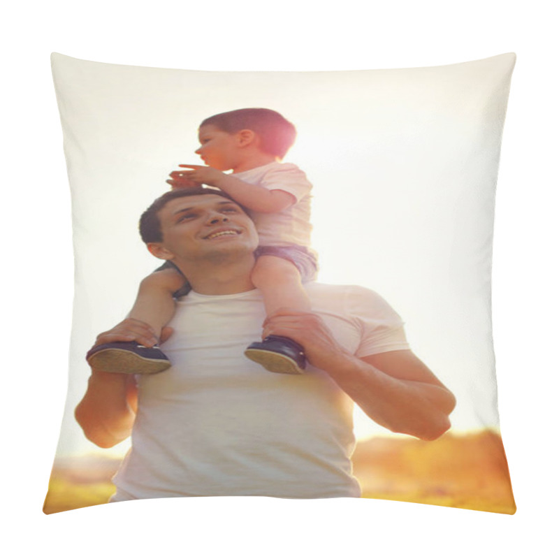 Personality  Happy Father And Little Child Son Walking At Sunny Day, Family P Pillow Covers