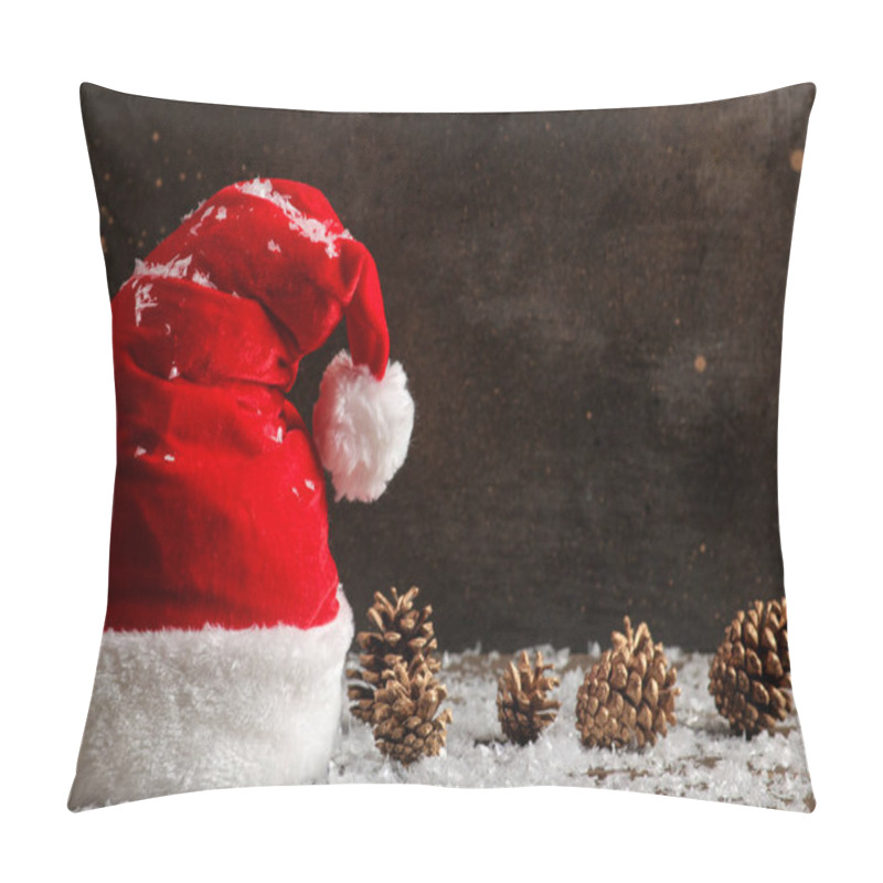 Personality  Red Santa Claus Hat And Cones And Snow On A Dark Brown Background. With Space For Text. Christmas. New Year. Pillow Covers