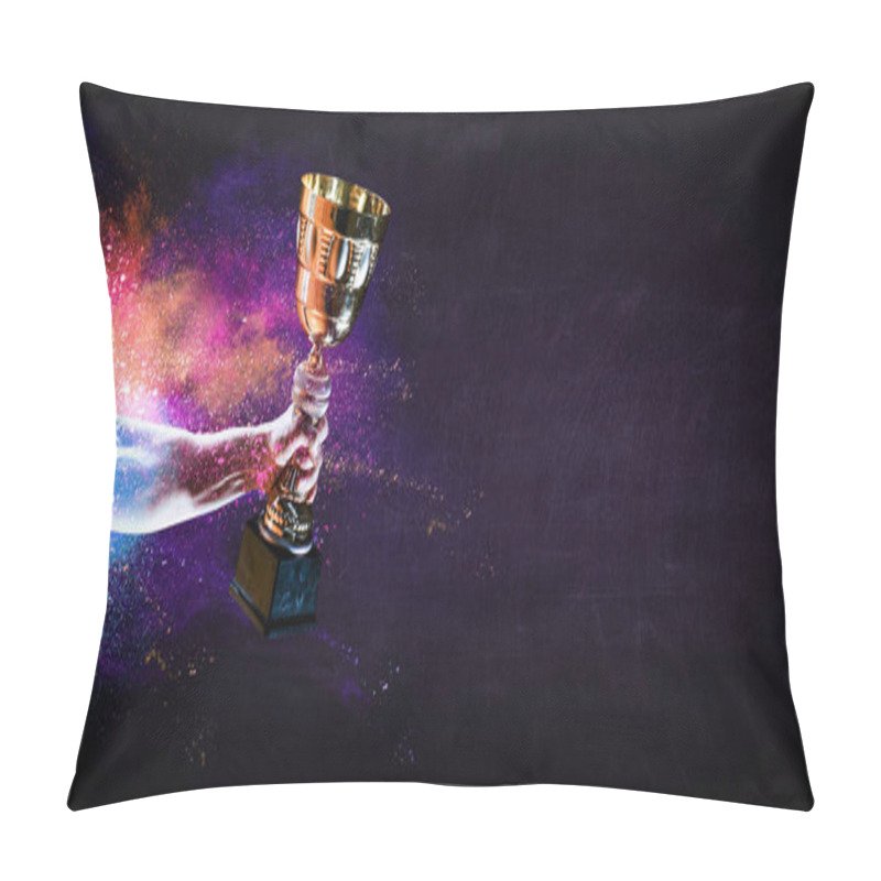 Personality  Hand Holding Up A Gold Trophy Cup Against Dark Background Pillow Covers