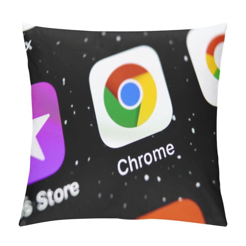 Personality  Sankt-Petersburg, Russia, February 3, 2019: Google Chrome Application Icon On Apple IPhone X Screen Close-up. Google Chrome App Icon. Google Chrome Application. Social Media Network Pillow Covers