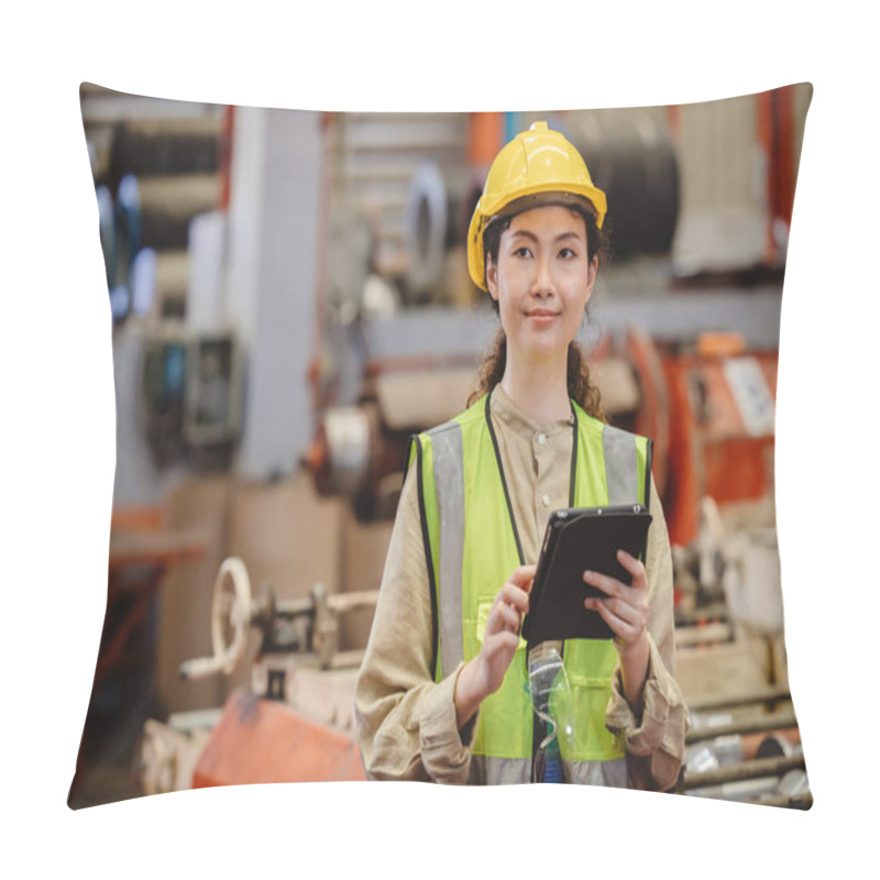 Personality  Asian Working Woman Worker, Portrait Smile Engineer Lady Standing With Tablet. Pillow Covers