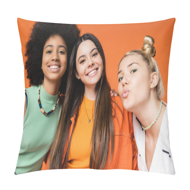 Personality  Cheerful And Multiethnic Teen Girlfriends With Bold Makeup And In Trendy Casual Clothes Looking At Camera While Blonde Friend Pouting Lips Isolated On Orange, Trendy Outfits And Fashion-forward Looks Pillow Covers