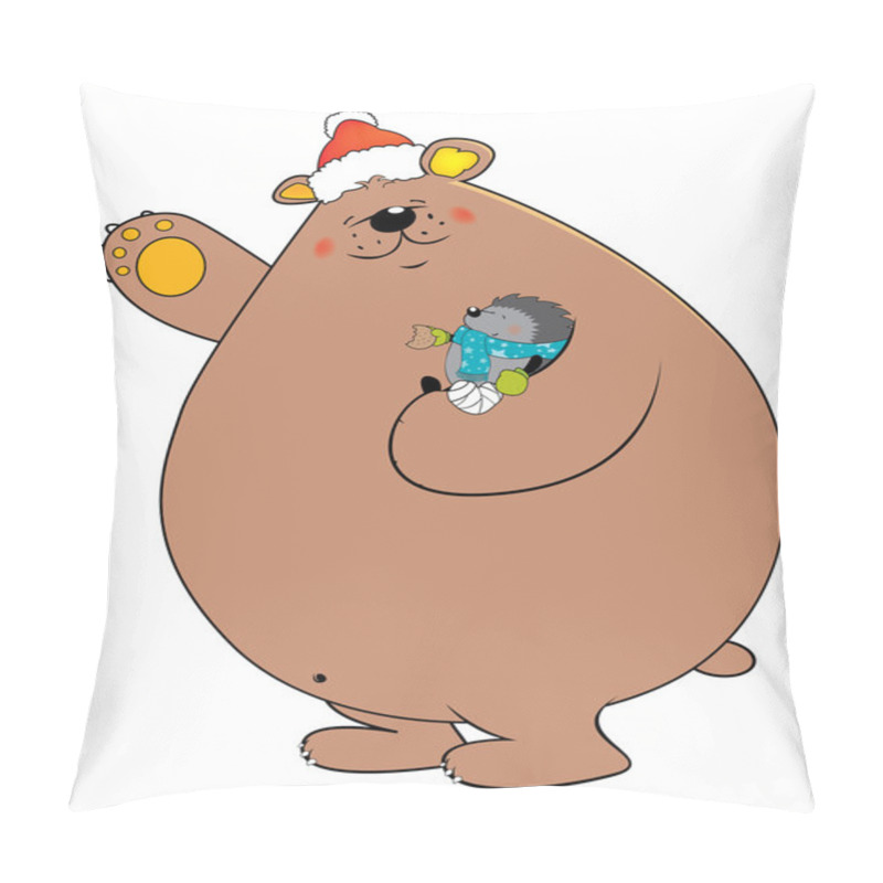 Personality  Cute Looking Bear With Santa Claus Hat Holding Cute Little Injured Hedgehog In His Arm Pillow Covers