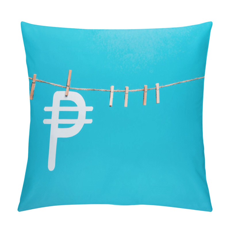 Personality  Wooden Cloth Pins On Line Rope Near Russian Money Sign On Blue  Pillow Covers