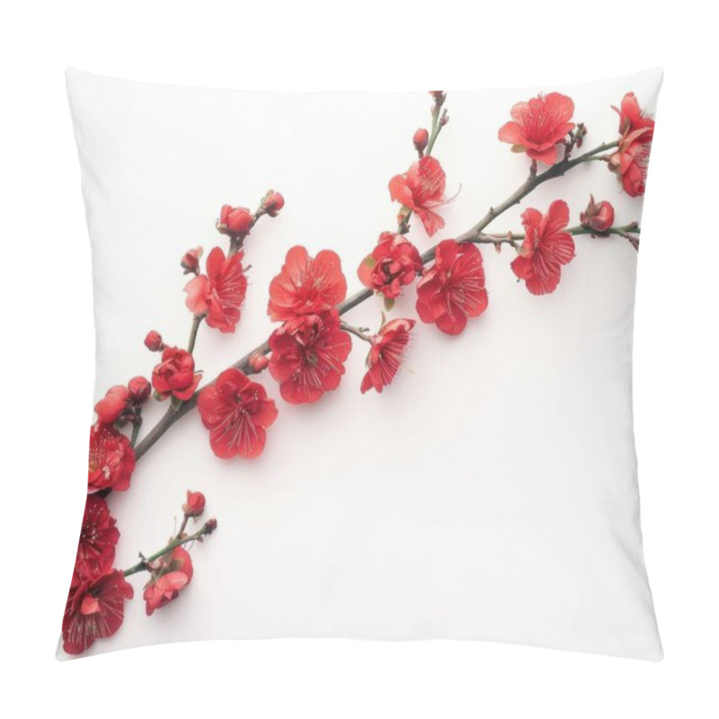 Personality  A Vibrant Branch Of Red Cherry Blossoms Against A White Background, Symbolizing The Beauty Of Spring. Pillow Covers