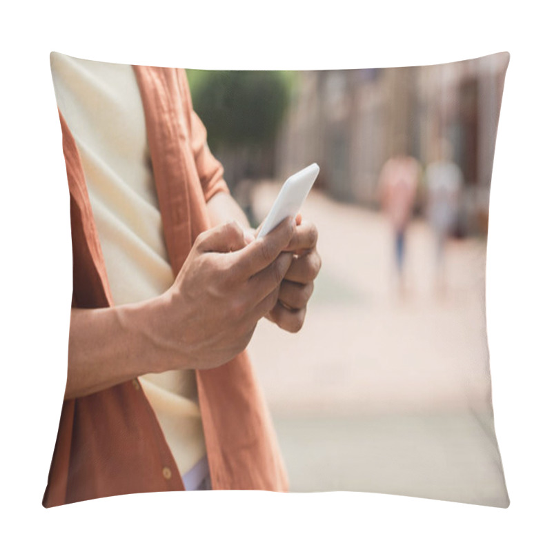 Personality  Cropped View Of African American Man Using Smartphone Outdoors Pillow Covers