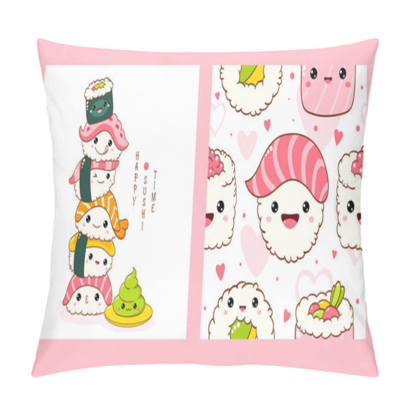 Personality  Set Of Seamless Pattern And One Print With Cute Sushi And Roll In Kawaii Style. Endless Texture Can Be Used For Textile Pattern Fills, T-shirt Design, Web Page Background. Vector Illustration EPS8 Pillow Covers