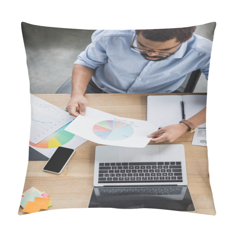 Personality  Overhead View Of Young African American Businessman Holding Document Near Devices With Blank Screen In Office  Pillow Covers