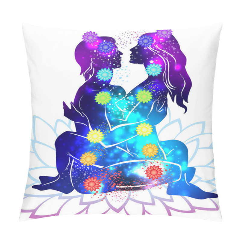 Personality  Couple Practicing Tantra Yoga And The Symbolic Of The Chakra System On Space Galaxy Pillow Covers