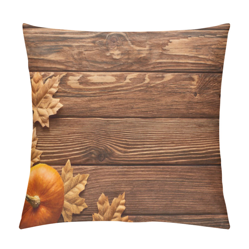 Personality  Top View Of Small Pumpkin On Brown Wooden Surface With Dried Autumn Leaves Pillow Covers