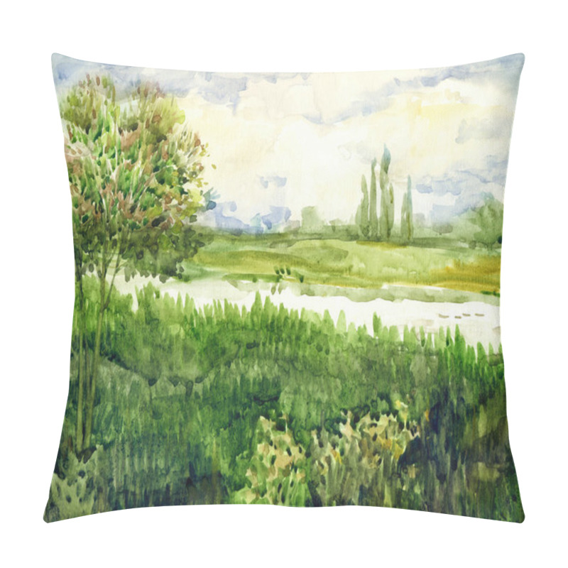 Personality  Colorful Bright Hand Drawn Watercolour Sketch Drawing On Paper Backdrop With Space For Text On Gloaming Heaven. Quiet Gentle Romantic Springtime Daybreak Scenery. Young Birch On Bank Of Calm Bay View Pillow Covers