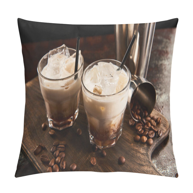 Personality  White Russian Cocktail In Glasses With Straws On Wooden Board With Coffee Grains Pillow Covers