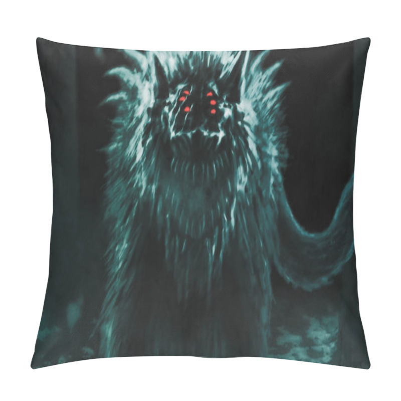 Personality  Alien Wolf Emerges From Dark Forest And Opens His Mouth. Illustration In Genre Of Horror. Pillow Covers