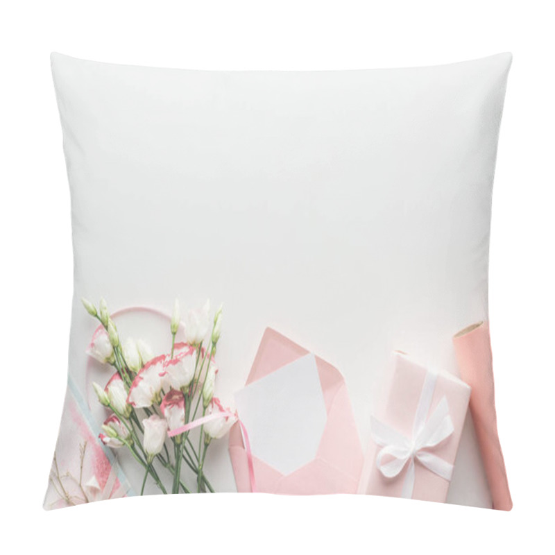 Personality  Top View Of Pink Eustoma, Rolls Of Paper, Wrapped Gifts, Envelope And Greeting Card On Grey Background   Pillow Covers