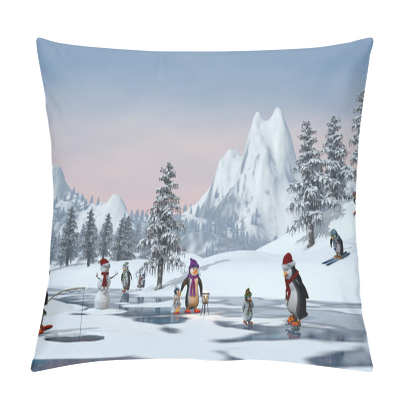 Personality  Penguins In A Snowy Mountain Landscape, 3d Render Pillow Covers