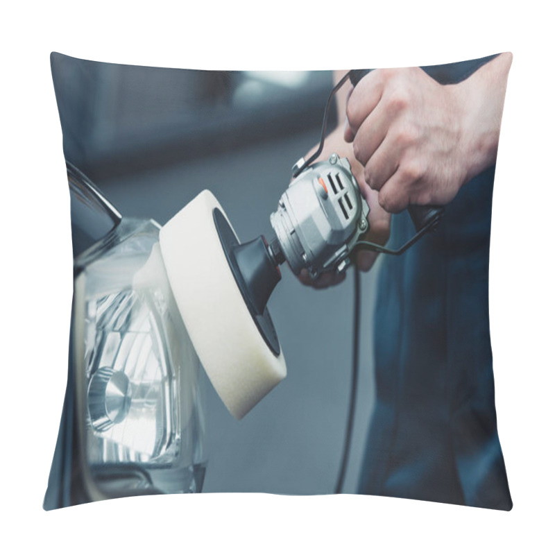 Personality  Partial View Of Car Cleaner Polishing Headlamp With Buffer Machine Pillow Covers