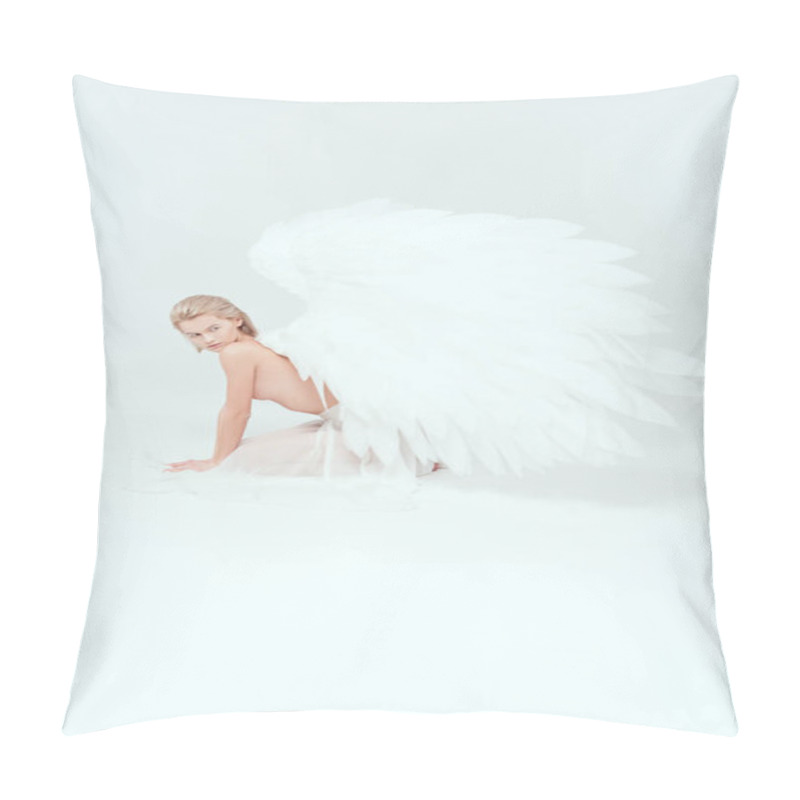 Personality  Beautiful Half Naked Young Woman With Angel Wings Posing On White Background Pillow Covers