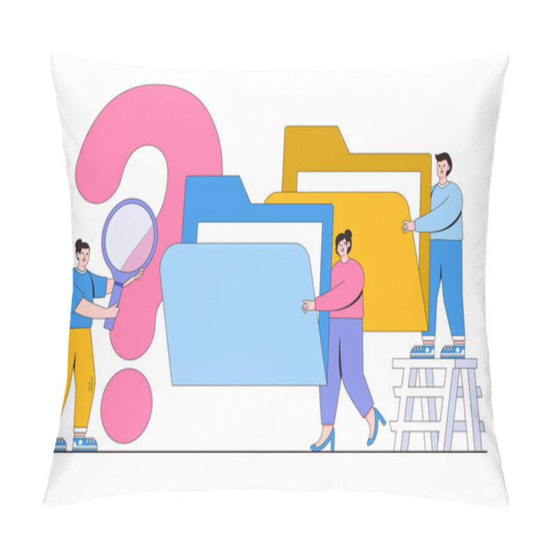 Personality  Flat Characters Of People Searching Through Files Concept. Outline Design Style Minimal Vector Illustration For Landing Page, Web Banner, Infographics, Hero Images Pillow Covers