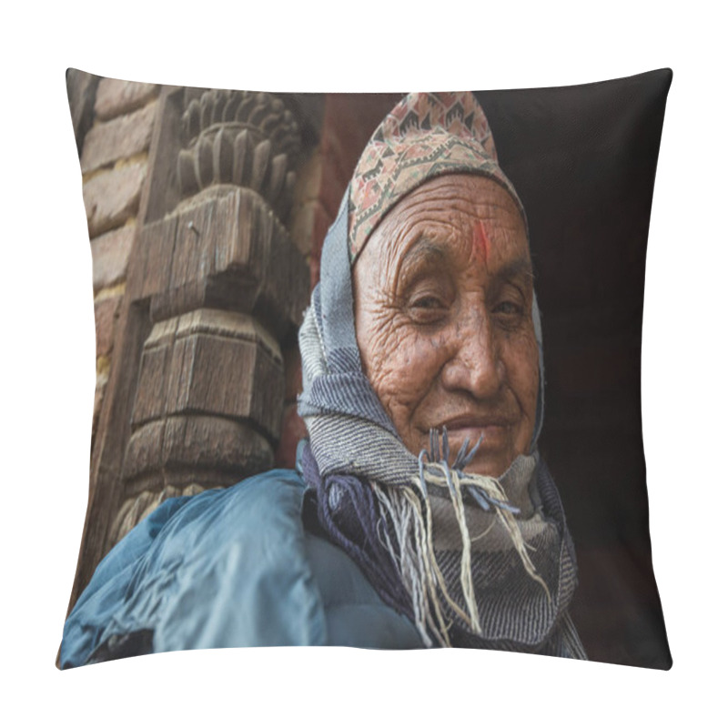 Personality  Kathmandu, Nepal- April 20,2019 : Portrait Of Older Nepalese In Patan Durbar Square. Pillow Covers