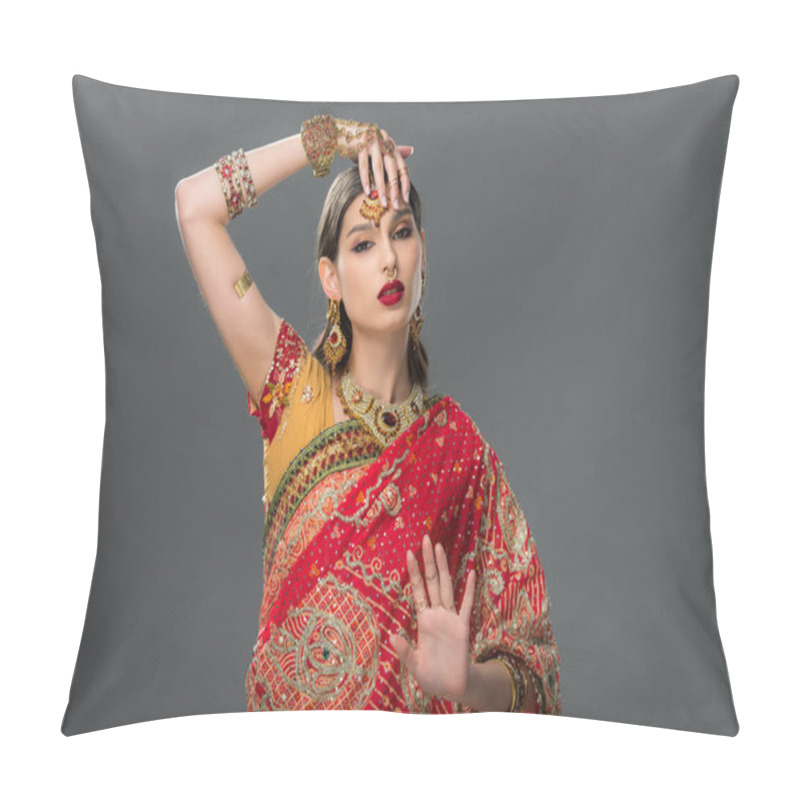 Personality  Indian Woman Gesturing In Sari And Accessories, Isolated On Grey  Pillow Covers