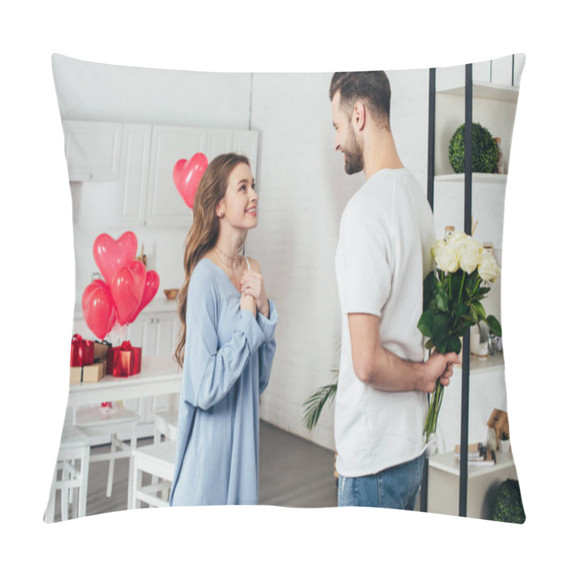 Personality  Young Smiling Girl In Joyful Expectation Of St Valentines Day Gift While Smiling Boyfriend Holding Roses Bouquet Behind Back  Pillow Covers