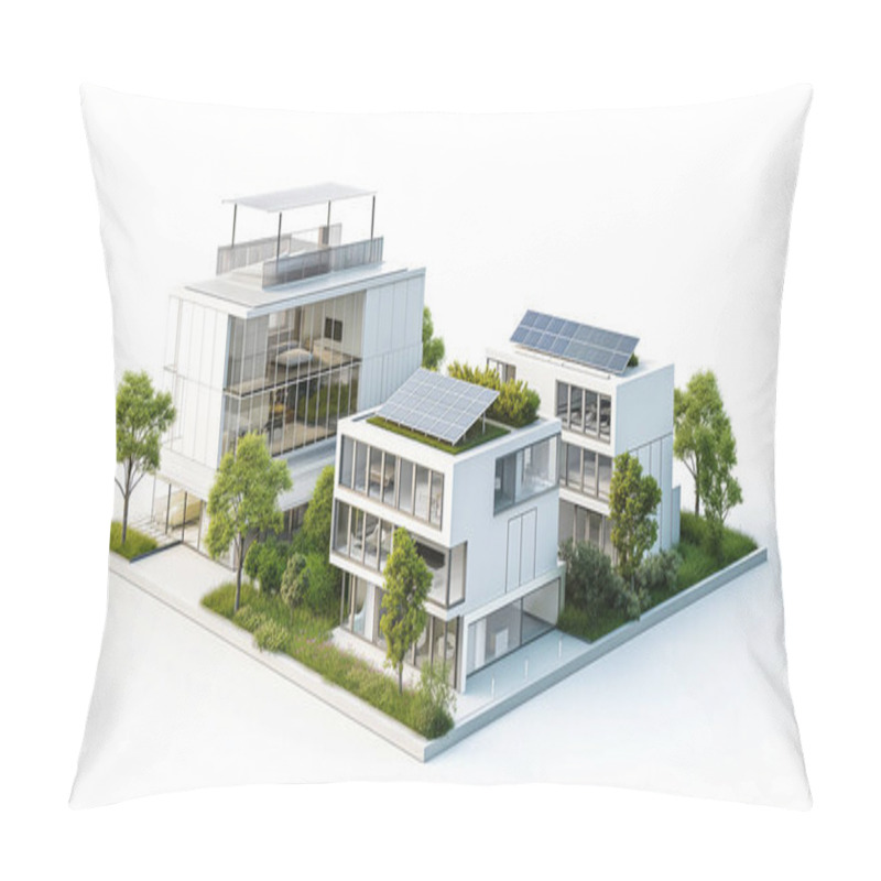 Personality  Modern Sustainable Building Complex With Solar Panels And Green Landscaping. Pillow Covers