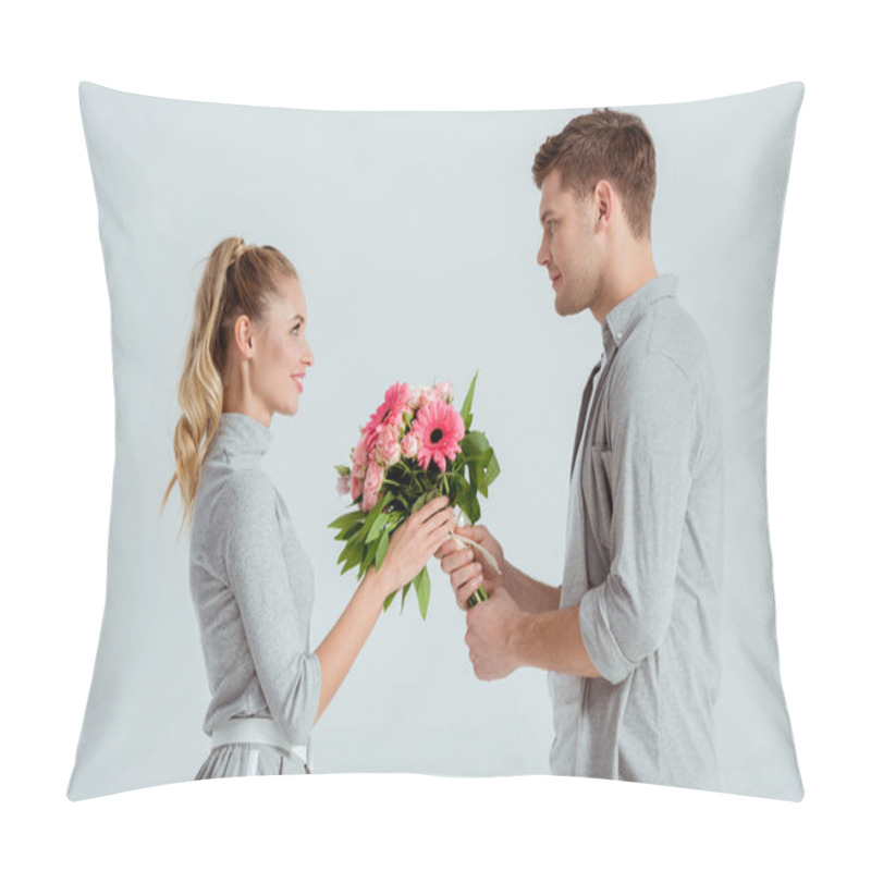 Personality  Handsome Man Giving Pink Flower Bouquet To Woman Isolated On Grey Pillow Covers