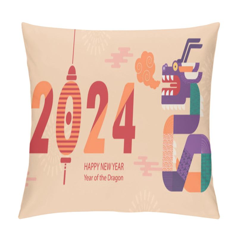 Personality  Banner Template For Chinese New Year With Dragon And Traditional Patterns And Elements. Minimalistic Style. Translation From Chinese - Happy New Year, Dragon Symbol. Vector Illustration Pillow Covers