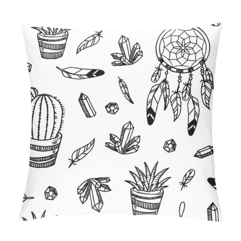 Personality  Seamless Pattern With Dreamcatchers, Feathers And Crystals, Vector Illustration Pillow Covers