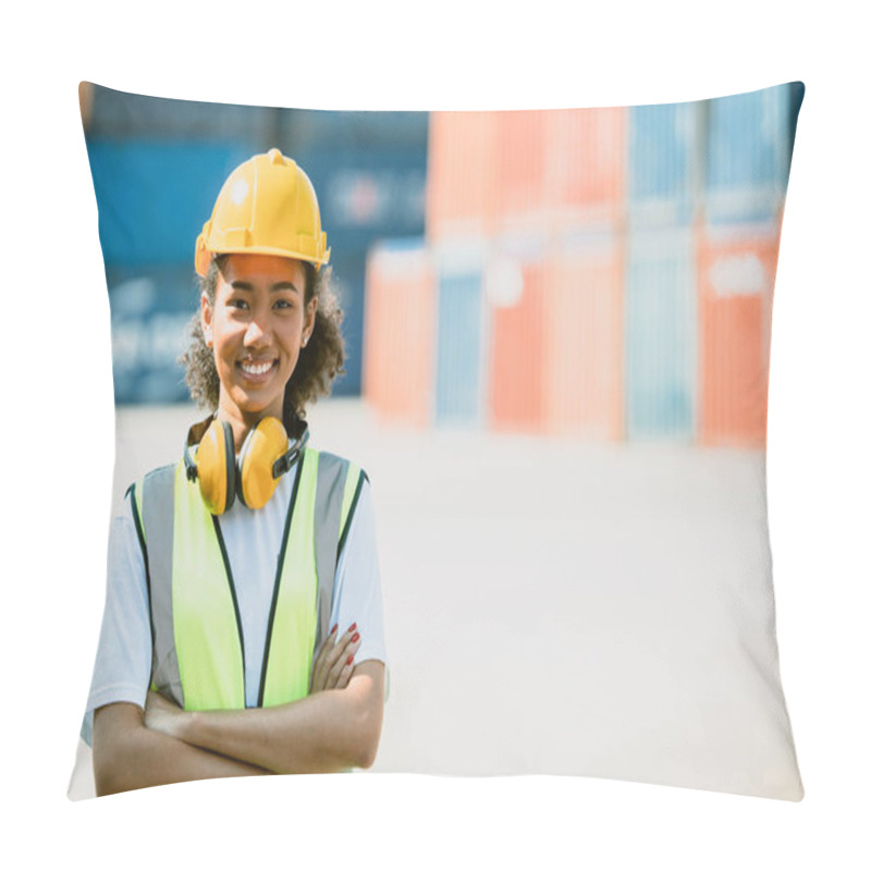 Personality  African Teen Black Woman Worker Work In Port Cargo Shipping Portait Happy Smile With Copy Space Pillow Covers