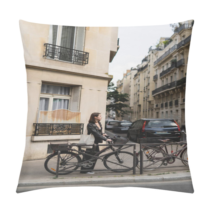 Personality  Side View Of Young Stylish Woman In Black Leather Jacket Standing Near Bicycle On Street In Paris  Pillow Covers