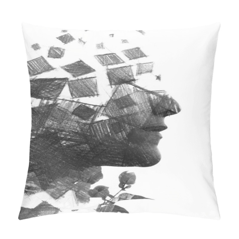 Personality  Her Forehead Dissolving Into Hand Drawn Squares, Thereby Creating An Impressive Visual Effect Of Her Simultaneous Existence And Nothingness  Pillow Covers