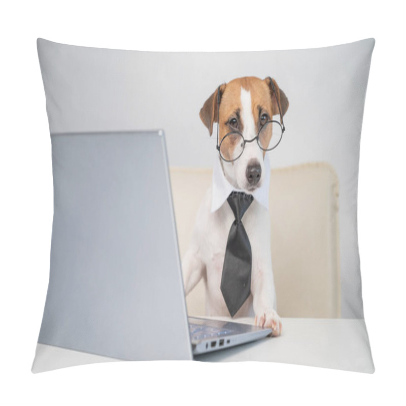 Personality  Dog Jack Russell Terrier In Glasses And A Tie Sits At A Desk And Works At A Computer On A White Background. Humorous Depiction Of A Boss Pet. Pillow Covers