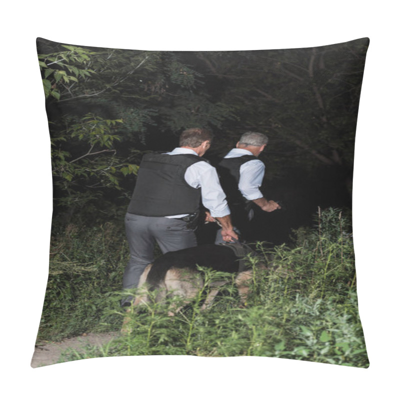 Personality  Rear View Of Male Police Officers In Bulletproof Vests With German Shepherd On Leash Near Forest  Pillow Covers