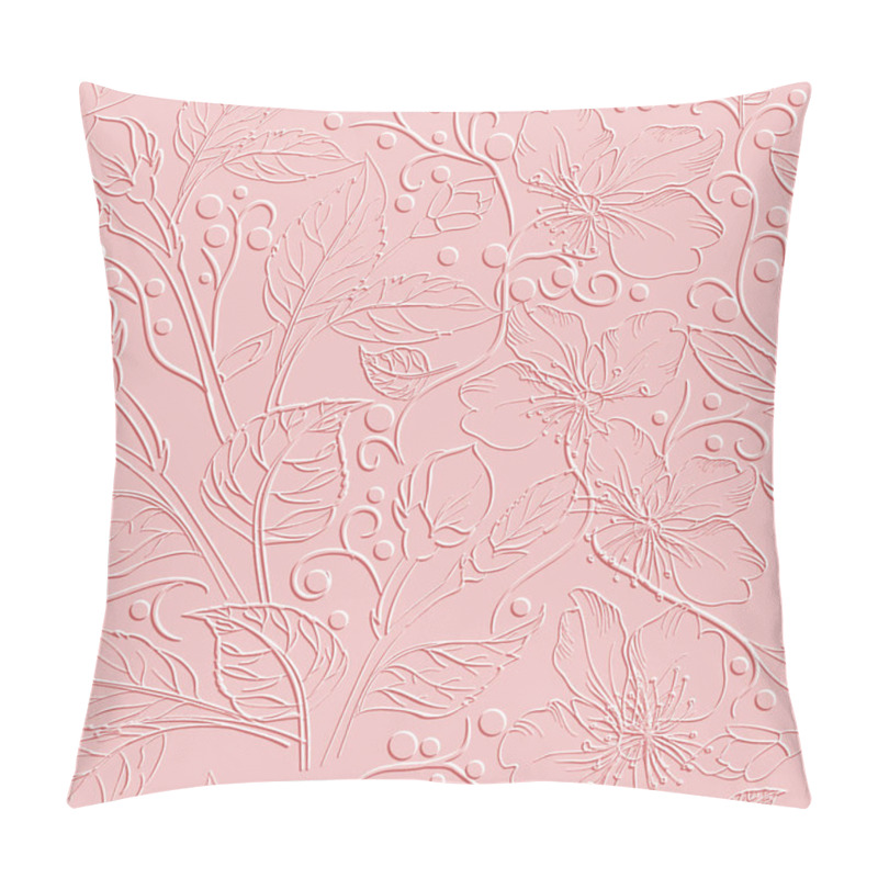 Personality  3d Embossed Floral Lines Seamless Pattern. Ornamental  Leafy Relief Background. Repeat Textured Pink Backdrop. Surface Doodle Lines Flowers, Leaves, Branches, Circles. 3d Ornaments. Endless Texture. Pillow Covers