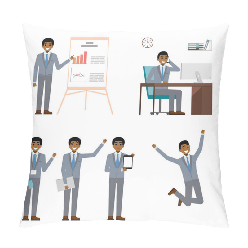 Personality  Businessman Character Design Set. African Black Business Man In Suit Making Project Presentation, Point And Showing Laptop Tablet, Talk On Mobile Phone. Cartoon Flat. Vector Illustration Isolated. Pillow Covers