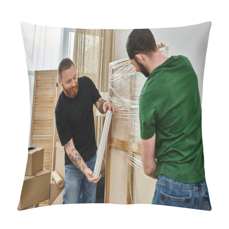 Personality  A Gay Couple In A Room Filled With Moving Boxes, Starting A New Life Together Pillow Covers