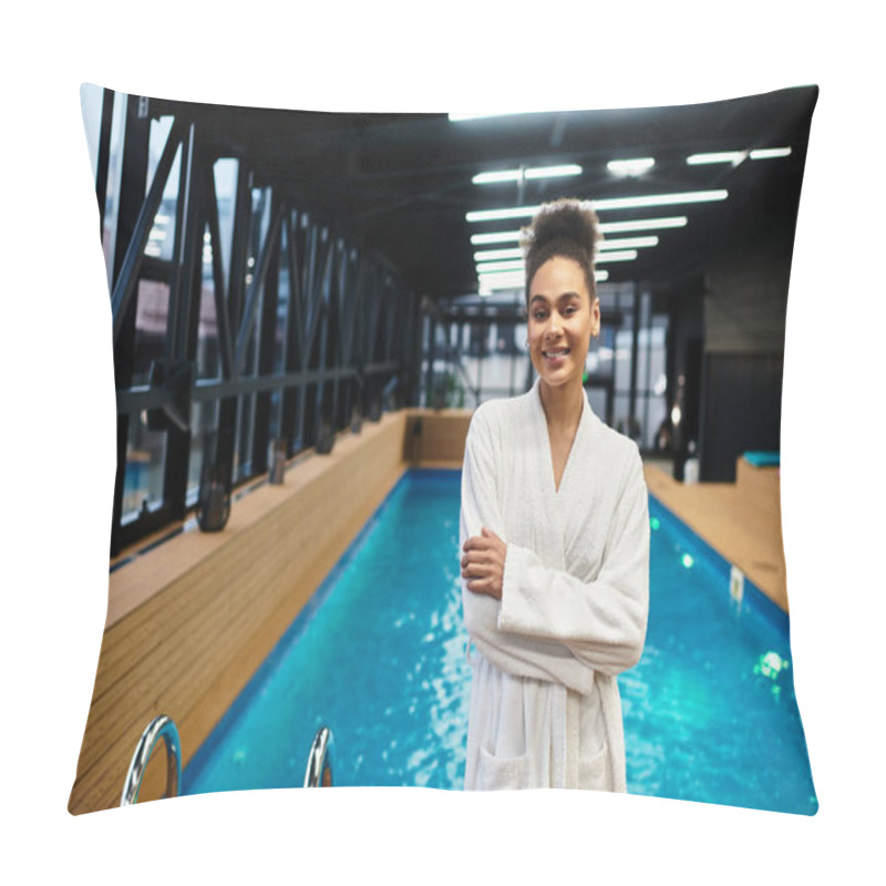 Personality  Beautiful Young Woman Smiles Confidently While Standing By The Calming Spa Pool Area During The Day. Pillow Covers