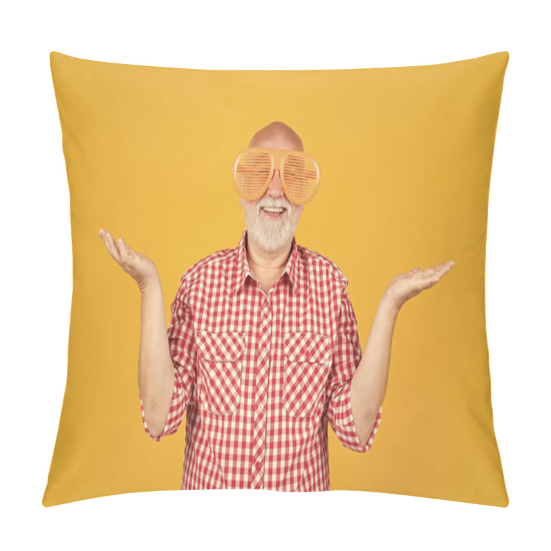 Personality  Glad Mature Man With Party Glasses On Yellow Background. Pillow Covers