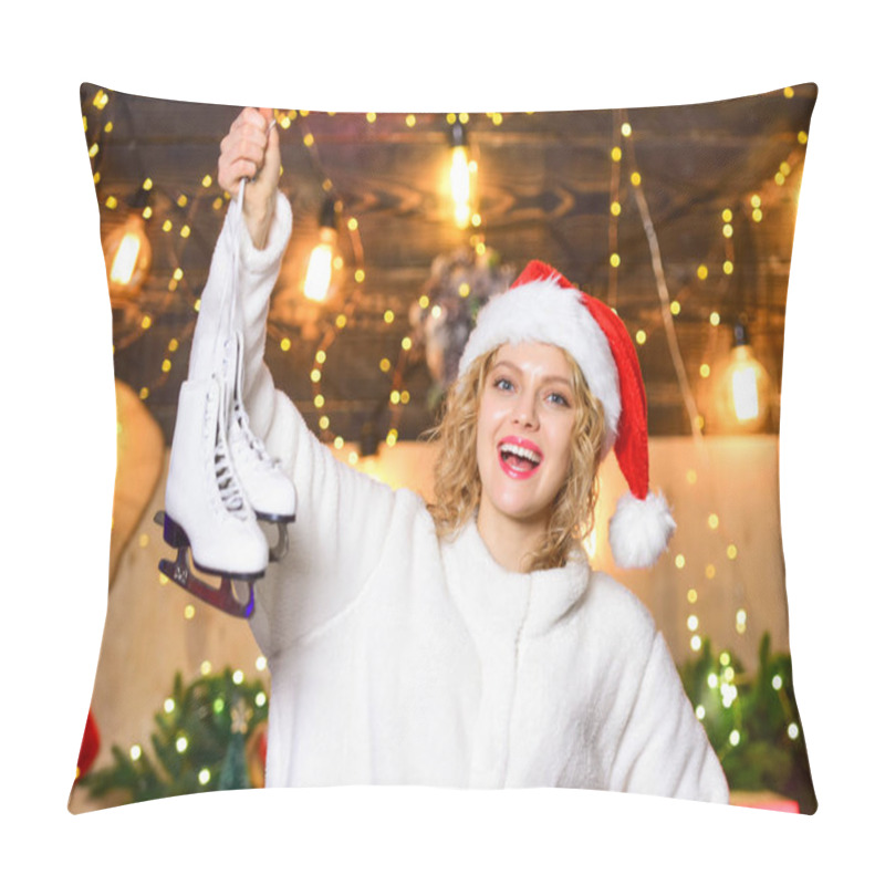 Personality  Feeling Free And Confident. Girl Santa Hat With Skates. Winter Sport And Activity. Cheerful Woman Ready For Skating. Happy New Year. Winter Holidays. Xmas Mood. Woman Figure Skater Pillow Covers