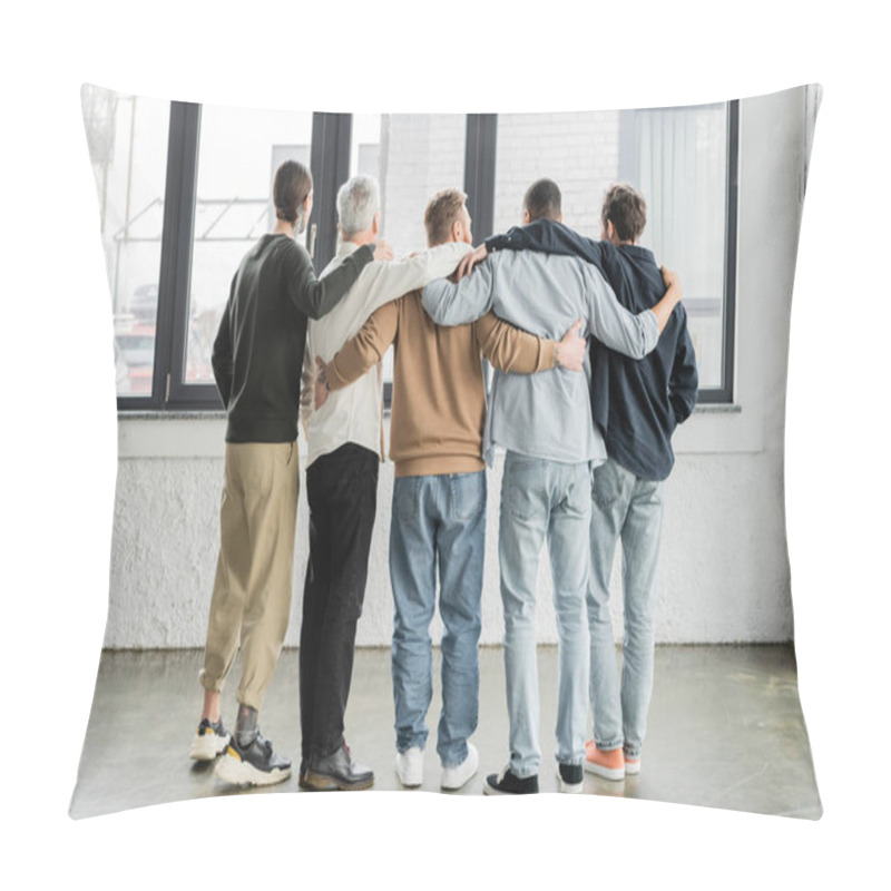 Personality  Back View Of Interracial Men Hugging During Anonymous Alcoholics Meeting In Rehab Center  Pillow Covers